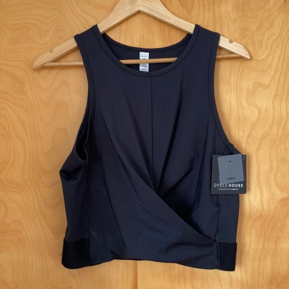 Cycle House top womens size large Black Workout Tank Top With faux Wrap Detail